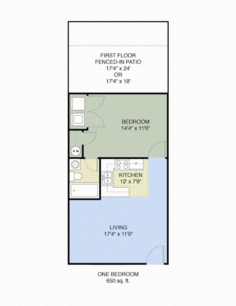 Floor plan for 2 beds, 1 bath, 650 sqft