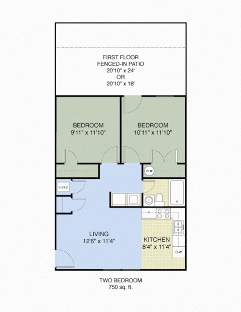 Floor plan for 2 beds, 1 bath, 750 sqft