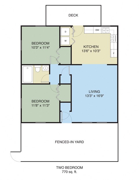 Floor plan for 2 beds, 1 bath, 1000 sqft