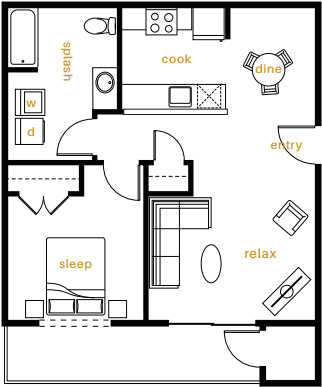 Floor plan for 1 bed, 1 bath, 717 sqft