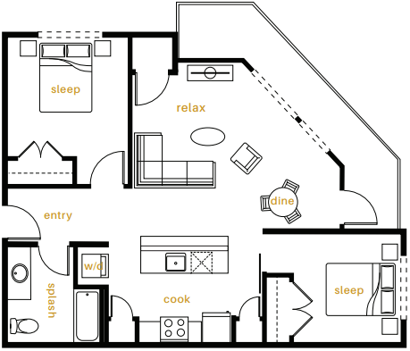 Floor plan for 2 beds, 1 bath, 914 sqft
