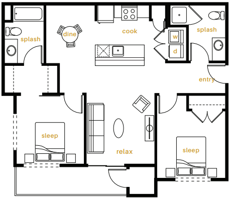 Floor plan for 2 beds, 2 baths, 1018 sqft