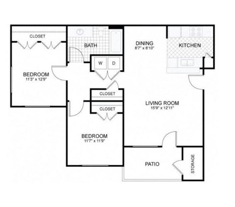 Floor plan for 2 beds, 1 bath, 896 sqft
