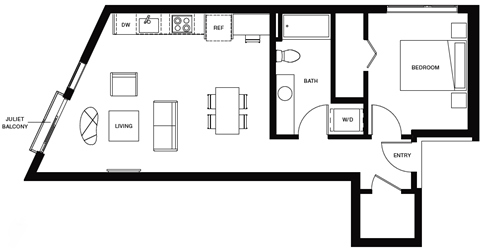 Floor plan for 1 bed, 1 bath, 705 sqft