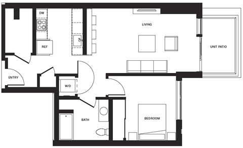 Floor plan for 1 bed, 1 bath, 752 sqft