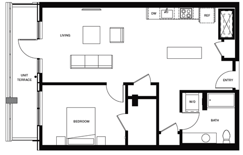 Floor plan for 1 bed, 1 bath, 714 sqft
