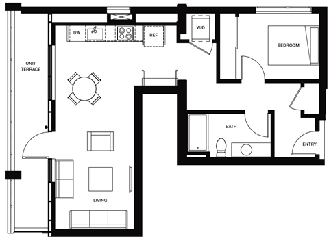 Floor plan for 1 bed, 1 bath, 711 sqft