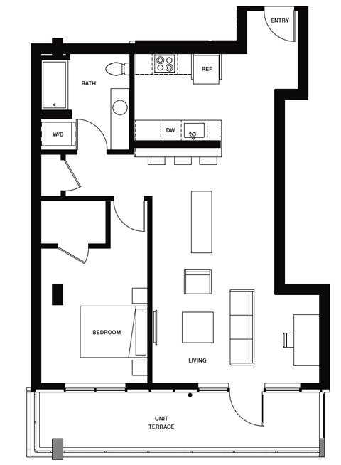 Floor plan for 1 bed, 1 bath, 893 sqft