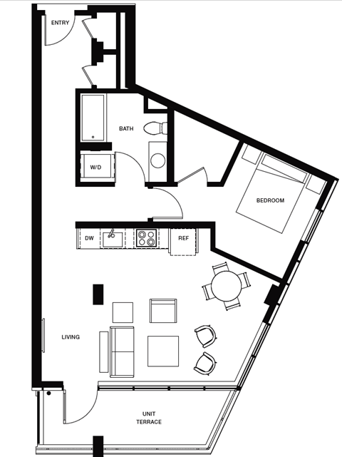 Floor plan for 1 bed, 1 bath, 761 sqft
