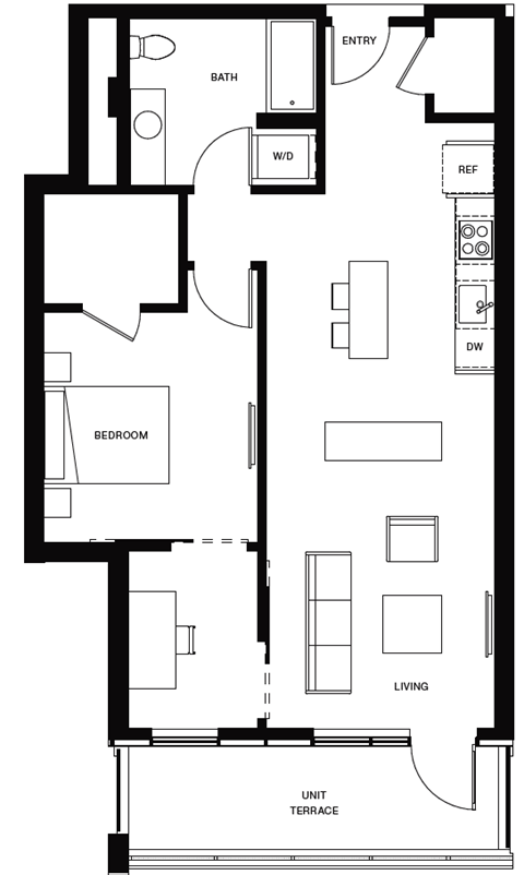 Floor plan for 1 bed, 1 bath, 849 sqft