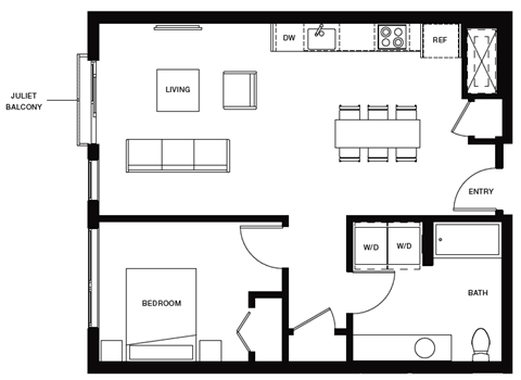 Floor plan for 1 bed, 1 bath, 721 sqft