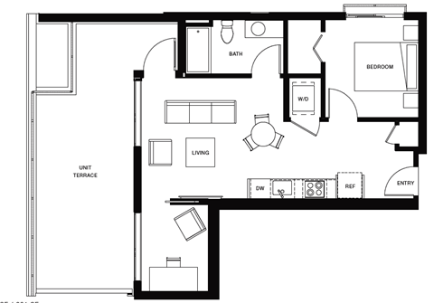 Floor plan for 1 bed, 1 bath, 617 sqft