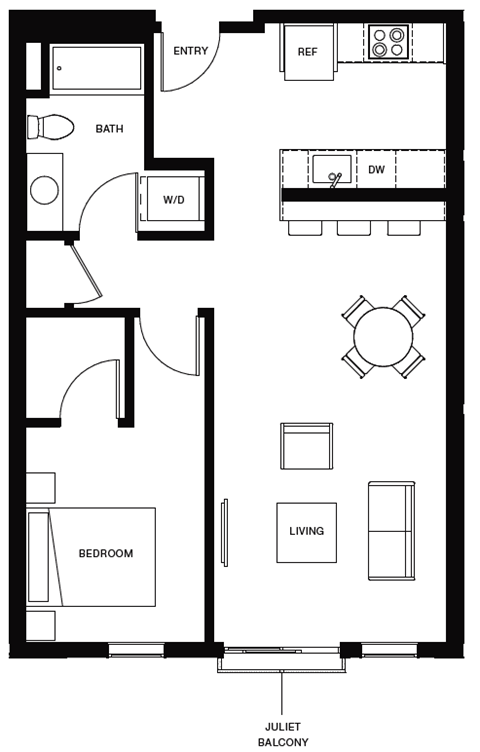 Floor plan for 1 bed, 1 bath, 716 sqft