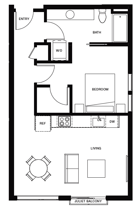 Floor plan for 1 bed, 1 bath, 663 sqft