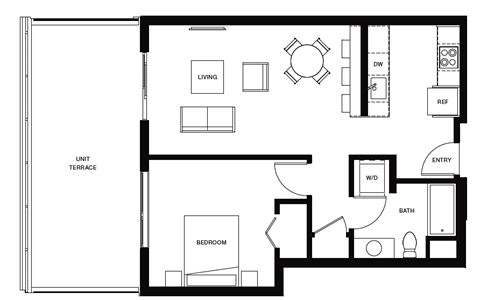 Floor plan for 1 bed, 1 bath, 686 sqft