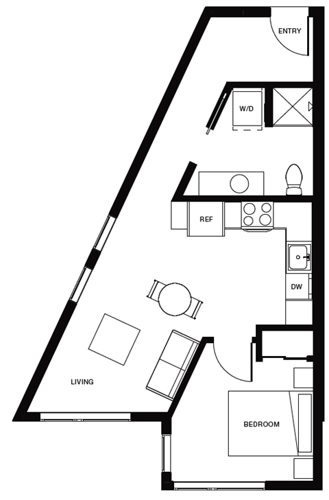 Floor plan for 1 bed, 1 bath, 571 sqft