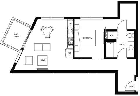 Floor plan for 1 bed, 1 bath, 678 sqft