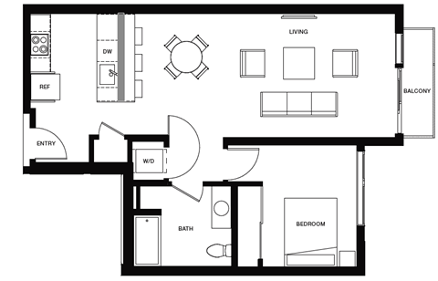 Floor plan for 1 bed, 1 bath, 770 sqft