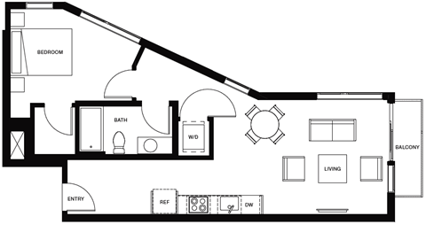 Floor plan for 1 bed, 1 bath, 674 sqft