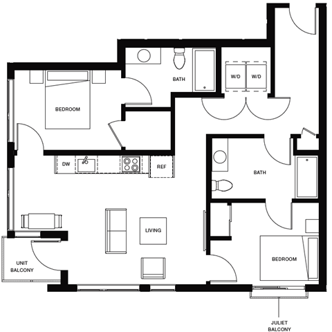Floor plan for 2 beds, 2 baths, 940 sqft