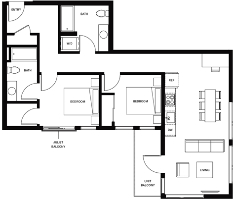 Floor plan for 2 beds, 2 baths, 964 sqft