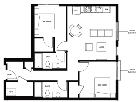 Floor plan for 2 beds, 2 baths, 969 sqft