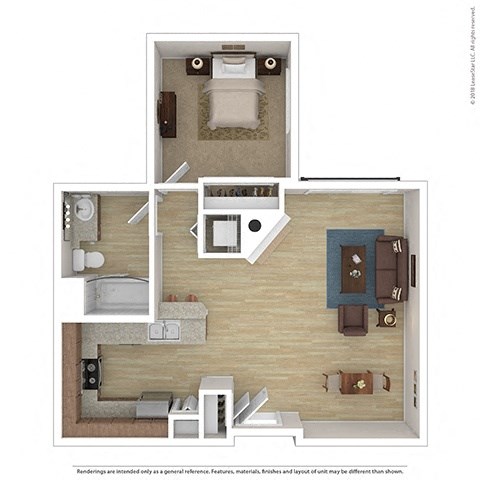 Floor plan for 1 bed, 1 bath, 694 sqft