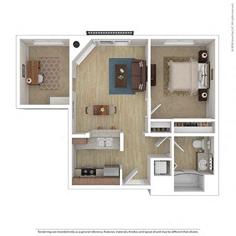 Floor plan for 1 bed, 1 bath, 715 sqft