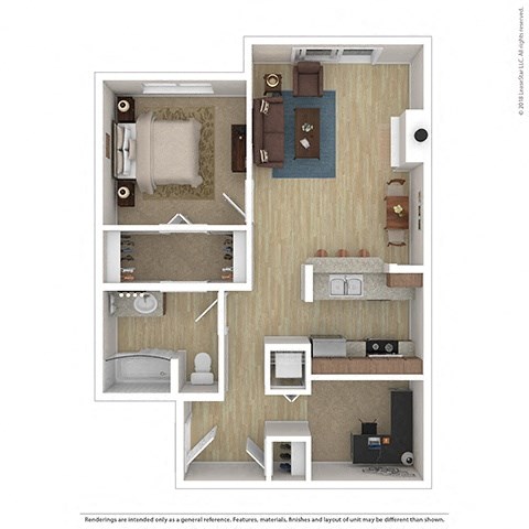 Floor plan for 1 bed, 1 bath, 716 sqft