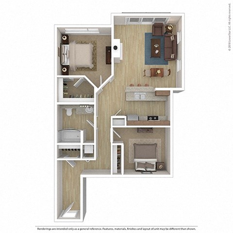 Floor plan for 2 beds, 1 bath, 938 sqft