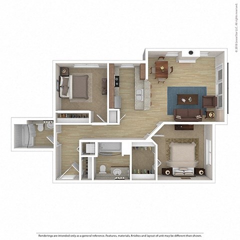 Floor plan for 2 beds, 2 baths, 950 sqft