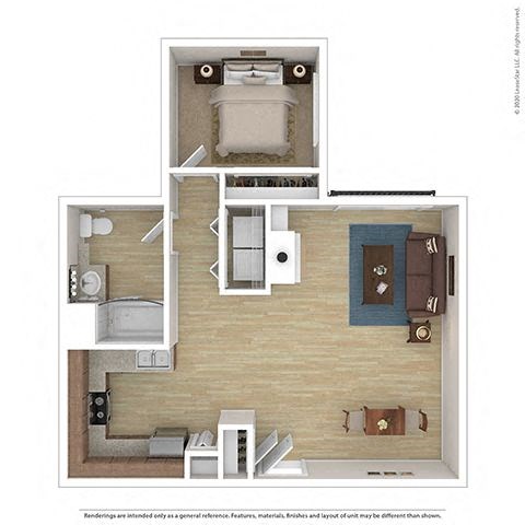 Floor plan for 1 bed, 1 bath, 667 sqft