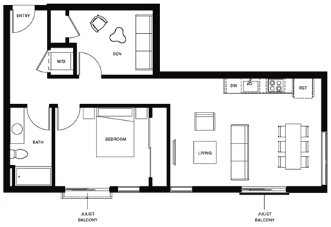 Floor plan for 1 bed, 1 bath, 864 sqft