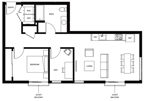 Floor plan for 1 bed, 1 bath, 837 sqft
