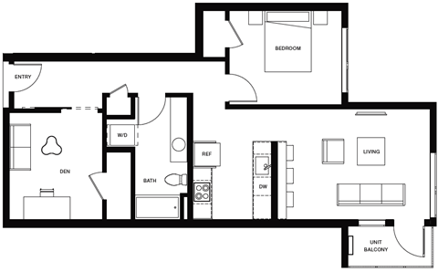 Floor plan for 1 bed, 1 bath, 867 sqft