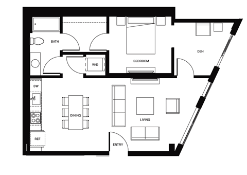 Floor plan for 1 bed, 1 bath, 764 sqft