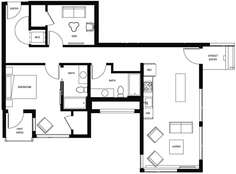 Floor plan for 1 bed, 2 baths, 1015 sqft