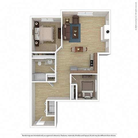 Floor plan for 2 beds, 1 bath, 897 sqft