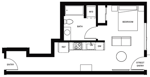 Floor plan for studio, 1 bath, 477 sqft