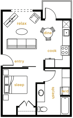 Floor plan for 1 bed, 1 bath, 555 sqft