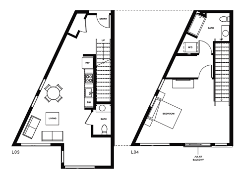 Floor plan for 1 bed, 1.5 baths, 1037 sqft