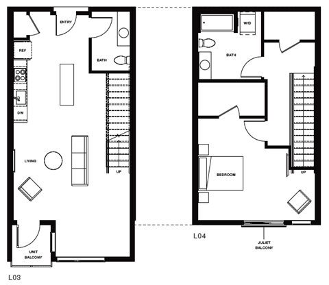 Floor plan for 1 bed, 1.5 baths, 1136 sqft