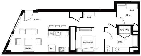Floor plan for 1 bed, 1 bath, 940 sqft