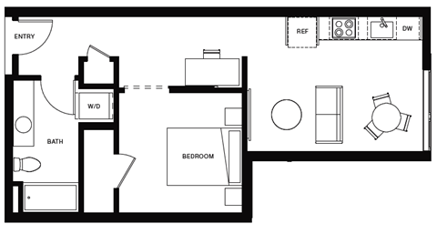 Floor plan for 1 bed, 1 bath, 573 sqft