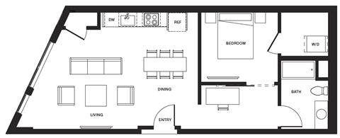 Floor plan for 1 bed, 1 bath, 709 sqft