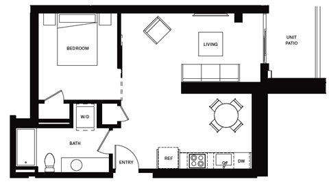 Floor plan for 1 bed, 1 bath, 609 sqft