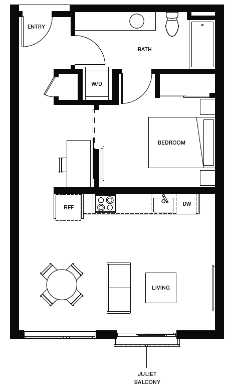 Floor plan for 1 bed, 1 bath, 655 sqft