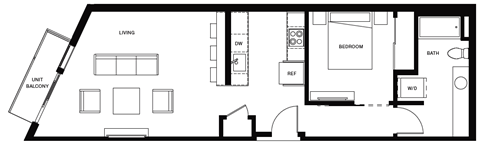 Floor plan for 1 bed, 1 bath, 693 sqft
