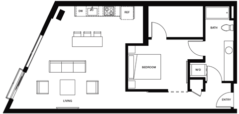 Floor plan for 1 bed, 1 bath, 874 sqft