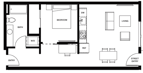 Floor plan for 1 bed, 1 bath, 654 sqft